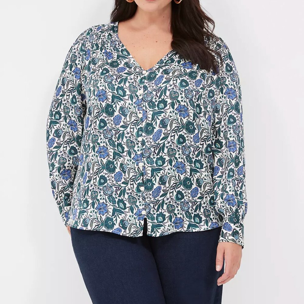 Lane Bryant 18/20 Ruched Floral Button-Front Knit & Woven Blouse Top‎ Plus 1X